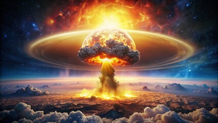 Wall Mural - vivid and dramatic nuclear explosion creating cosmic shockwave and particles in dark sky