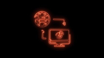 Wall Mural - Glowing orange neon style icon animation of data transfer from world to computer