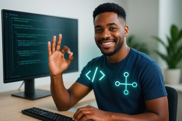 A smiling person works as a programmer while sitting in front of a monitor displaying code 