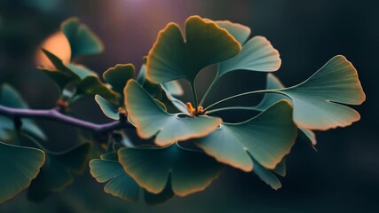 Closeup of delicate ginkgo biloba leaves with a soft, blurred background and warm lighting highlighting their edges