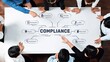 © InfiniteFlow - A diverse team of professionals collaborates around a large table, discussing compliance strategies, governance, and regulatory frameworks in a modern workspace setting. Raster