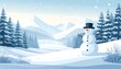 © sun - Winter landscape with snowman. Snowy valley with mountains and fir trees