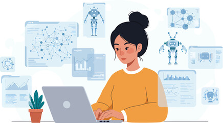 Female AI developer working on a laptop, engineering advanced humanoid robotics and analyzing complex machine learning data on a futuristic interface