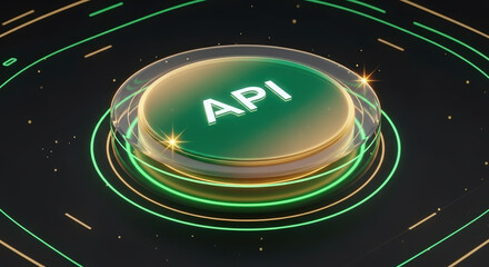 Abstract technology API concept with glowing circle and dark background, represents software interface. API concept with creative design for digital platform. Illustrates API concept for developers,