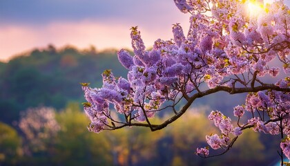 delicate purple blossoms blooming on a tree branch in a soft serene springtime landscape this natura