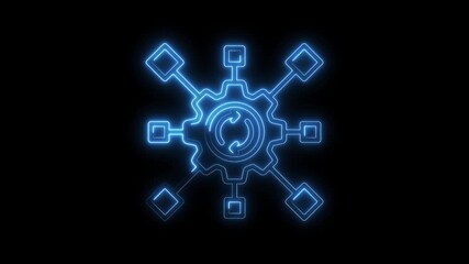 Wall Mural - Animated neon style gear with arrows and node connections on a black background