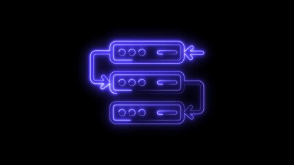 Wall Mural - Neon server flow chart on black background illustrating data connection and processing