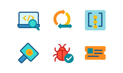 Colorful flat icons for software development and debugging