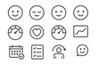 © Valentyna - Mood Tracking Icons. Line style icons of mood and emotion tracking: happy face, peaceful face, neutral face, gentle smile; emotion