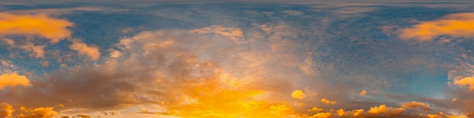 Wall Mural - 360 panorama of glowing sunset sky with bright pink Cumulus clouds. HDR 360 seamless spherical panorama. Full zenith or sky dome sky replacement for aerial drone panoramas. Climate and weather change.