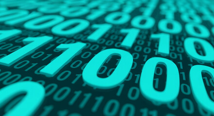 Teal 3D binary code digits, creating a digital texture background suitable for technology or coding concepts