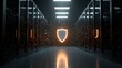 © MR CREATOR - A server room with glowing shield and racks providing data security and information technology solutions