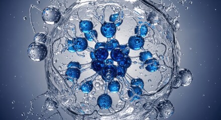 A vibrant blue molecular structure is suspended in water, with droplets and splashes creating a dynamic, scientific visual