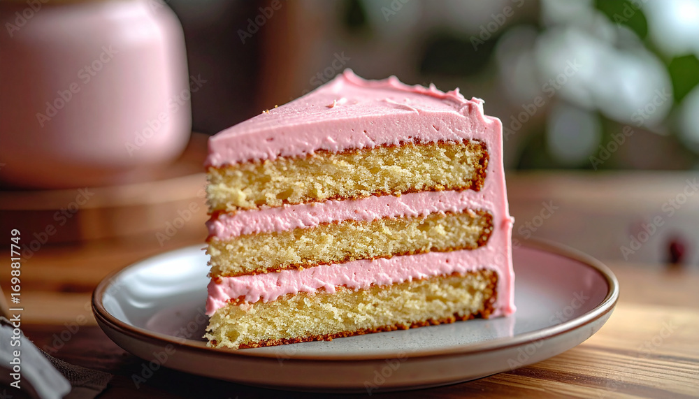 Slice of creamy cake with layers of buttercream and soft sponge on ...