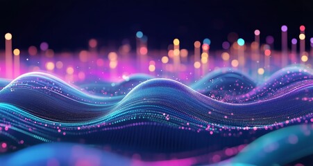 Wall Mural - abstract digital art showing a landscape with waves of blue and pink lights.