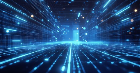 Wall Mural - digital tunnel of illuminated blue data streams, flowing towards the central point.