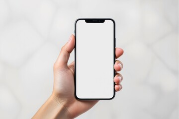Hand holding a smartphone with a white screen, realistic style, on a soft light background, concept of mobile app display or user interface mockup. Ai generative