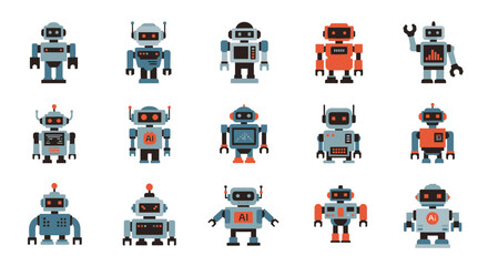 Diverse cartoon robots collection with unique designs, colorful bodies, and various features.