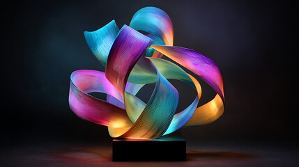 Wall Mural - A vibrant and colorful abstract sculpture made of swirling ribbons, illuminated with a rainbow of light, creating a mesmerizing display against a dark background