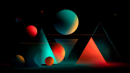 Wall Mural - Abstract geometric composition featuring spheres, triangles, and other shapes in vibrant, contrasting colors against a dark, dramatic background