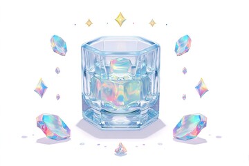 Wall Mural - Colorful crystal glass filled with liquid surrounded by sparkling gems on a white background