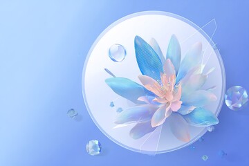 Wall Mural - Vibrant digital flower design with crystal elements on a soft blue background creating a modern art composition