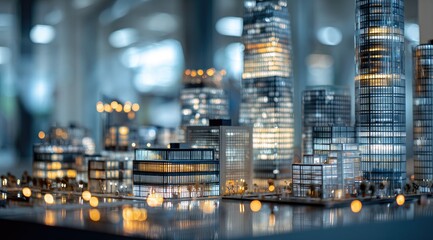 Miniature city model at night, showcasing illuminated skyscrapers and buildings.  Blurred background