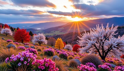 Wall Mural - Serene landscape showcasing the vibrant transitions of spring blooms, summer lushness, autumnal hues, and winter's snowy embrace, peaceful, sun, fauna