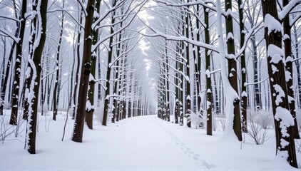 Wall Mural - Serene winter forest scene, snow-covered trees stand tall under a blanket of white, creating a magical atmosphere, christmas, holiday, snow