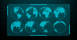 © hiten666 - Multiple light blue globe earth icons with grid. Heads up display vector graphics with digital map elements for futuristic design concept.