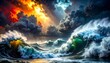 © Pendaki - Dramatic ocean waves crashing against stormy sky