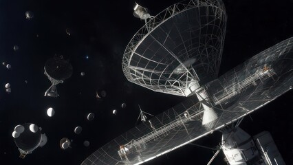 Space station antenna array against starry backdrop