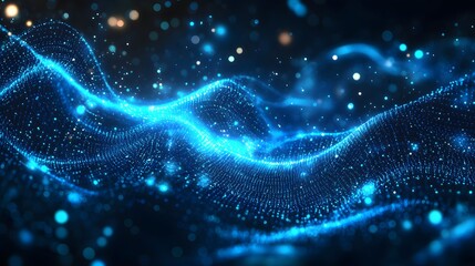 Dynamic, glowing blue particle waves undulate against a dark backdrop.
