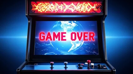 Retro Arcade Game Over: Earth Globe, Pixelated Text, Nostalgic Gaming Machine