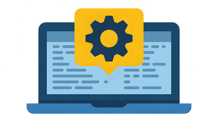 Laptop displaying code with a yellow gear icon in a speech bubble on the screen interface view