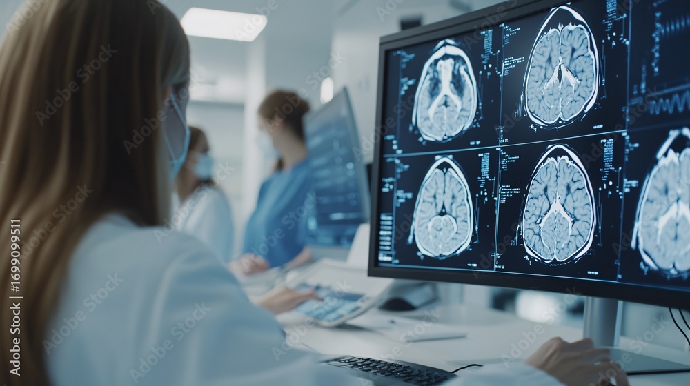 Medium wide shot of team of doctors collaborating with AI imaging ...