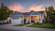 © Comben - Charming gray home at sunset.  Front view.  Modern style
