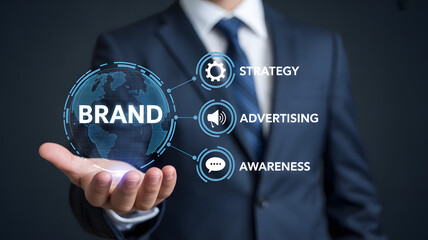 Businessman presenting brand strategy, advertising, and awareness concepts with globe