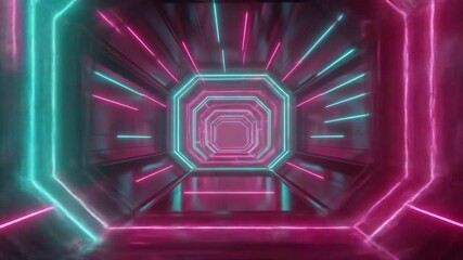 abstract neon glowing geometric shapes in a dark tunnel moving forward 3d rendering