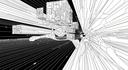 Abstract Futuristic Digital Network Tunnel with Geometric Cubes and Organic Forms