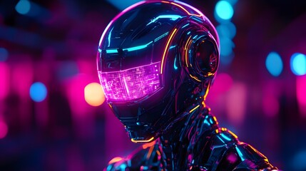 Close-up of a futuristic robot head, highlighted with vibrant neon pink and orange lights, set against a backdrop of bokeh lights in deep purple and blue tones.