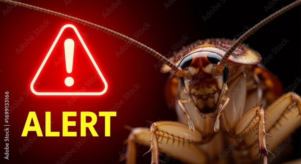Giant close up of a cockroach with an alert sign and warning text. Pest ...