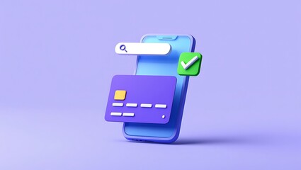 Mobile banking with credit card and successful payment on purple background illustration concept