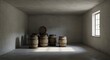 © BRNSN - Empty square room with Wooden barrels