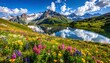 © Zania - A serene alpine meadow unfolds before a crystal-clear lake, reflecting the majestic mountains and vibrant wildflowers.