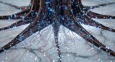 Stunning abstract digital circuit board roots glowing with vibrant blue energy, representing technology growth and innovation.