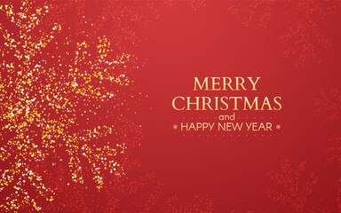 Wall Mural - merry christmas banner. happy new year greeting card with golden snowflake sparkles on red backgroun
