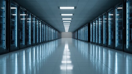 Modern Data Center Server Room with Blue Lights.