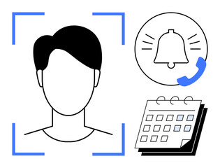 Wall Mural - Person inside a facial recognition frame, notification alert with bell and call icon, and a calendar. Ideal for tech, organization, reminders, automation, planning security AI. Simple flat metaphor