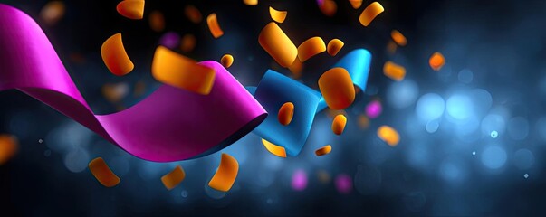 Colorful celebration with neon confetti in air concept. Dynamic abstract composition with colorful shapes and patterns.